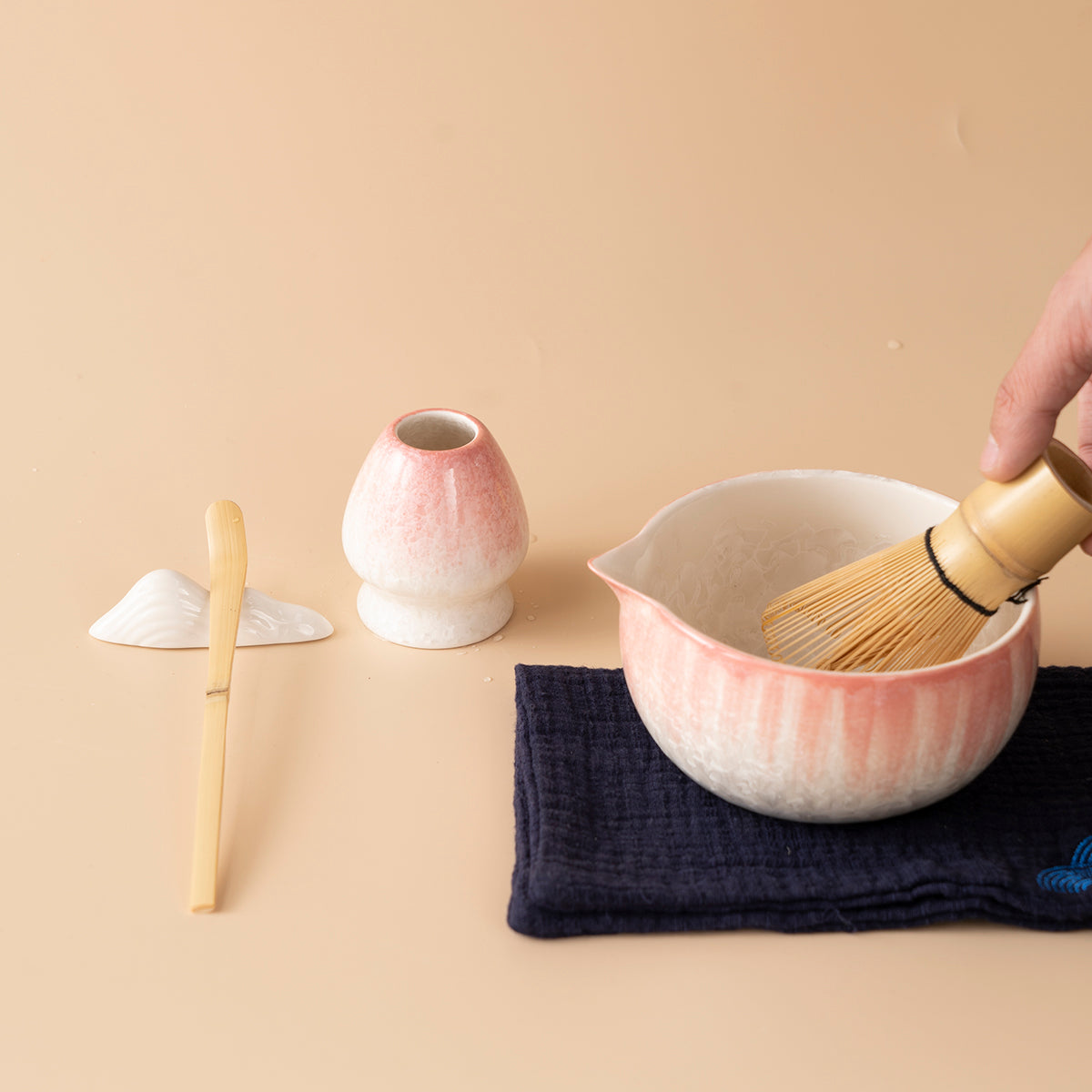 Pink Gradient Crystalline Matcha Tea Set with Bamboo Whisk and Glass Cups