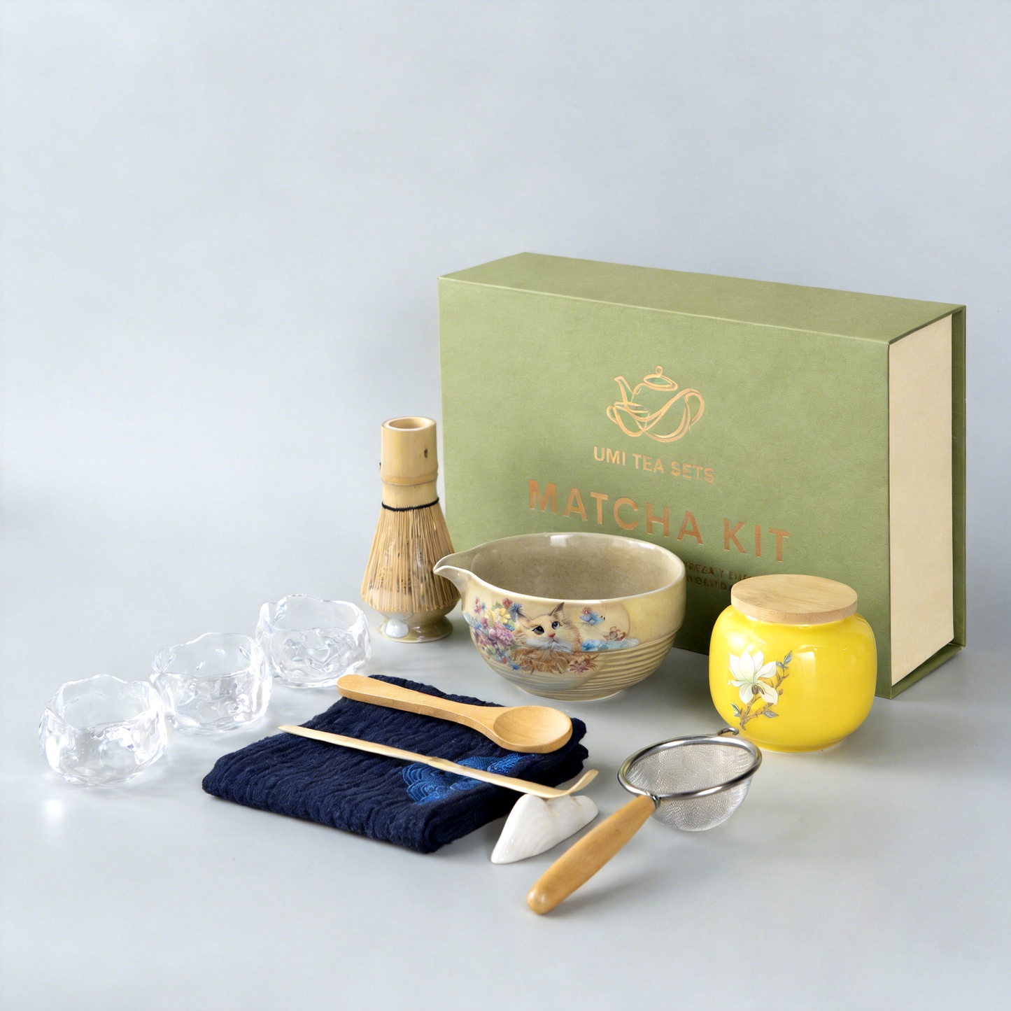 Cat-Themed Ceramic Matcha Tea Set with Bamboo Whisk and Glass Cups