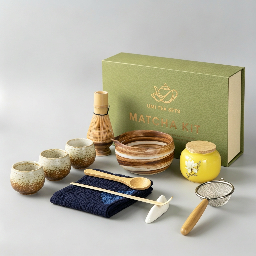 Handcrafted Japanese Matcha Tea Set with Coarse Pottery Bowl and Cups