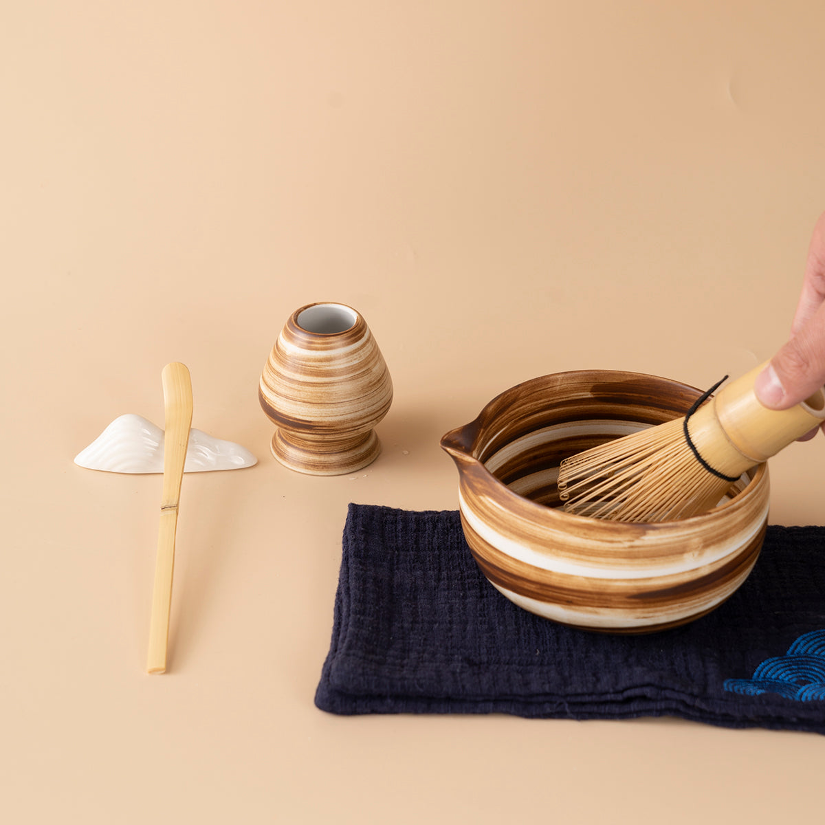 Handcrafted Japanese Matcha Tea Set with Coarse Pottery Bowl and Cups