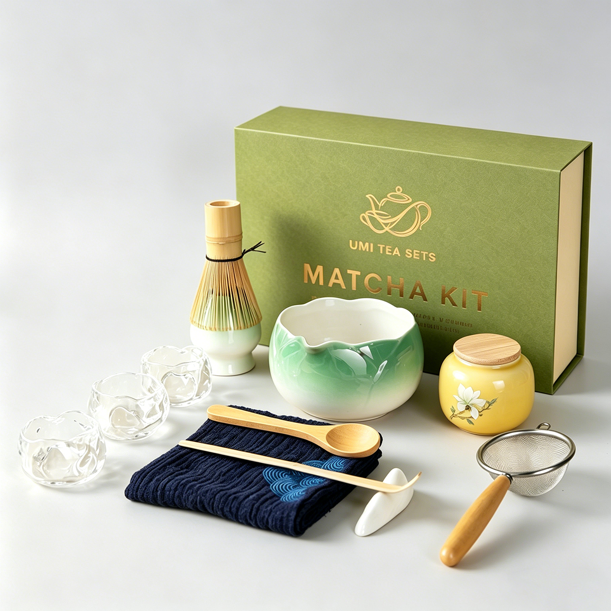 Gradient Green Matcha Tea Set with Bamboo Whisk and Glass Cups