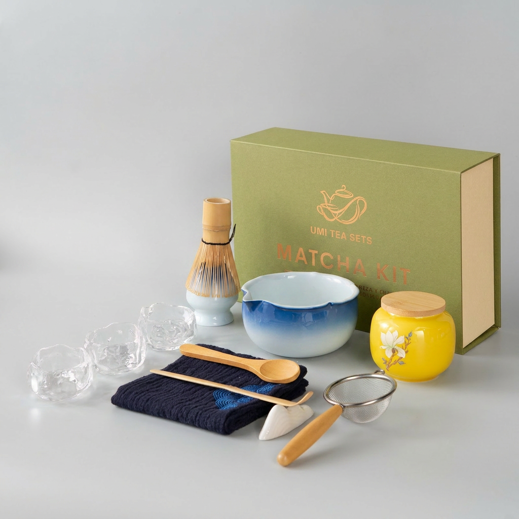 Gradient Blue Japanese Matcha Tea Set with Bamboo Whisk and Accessories