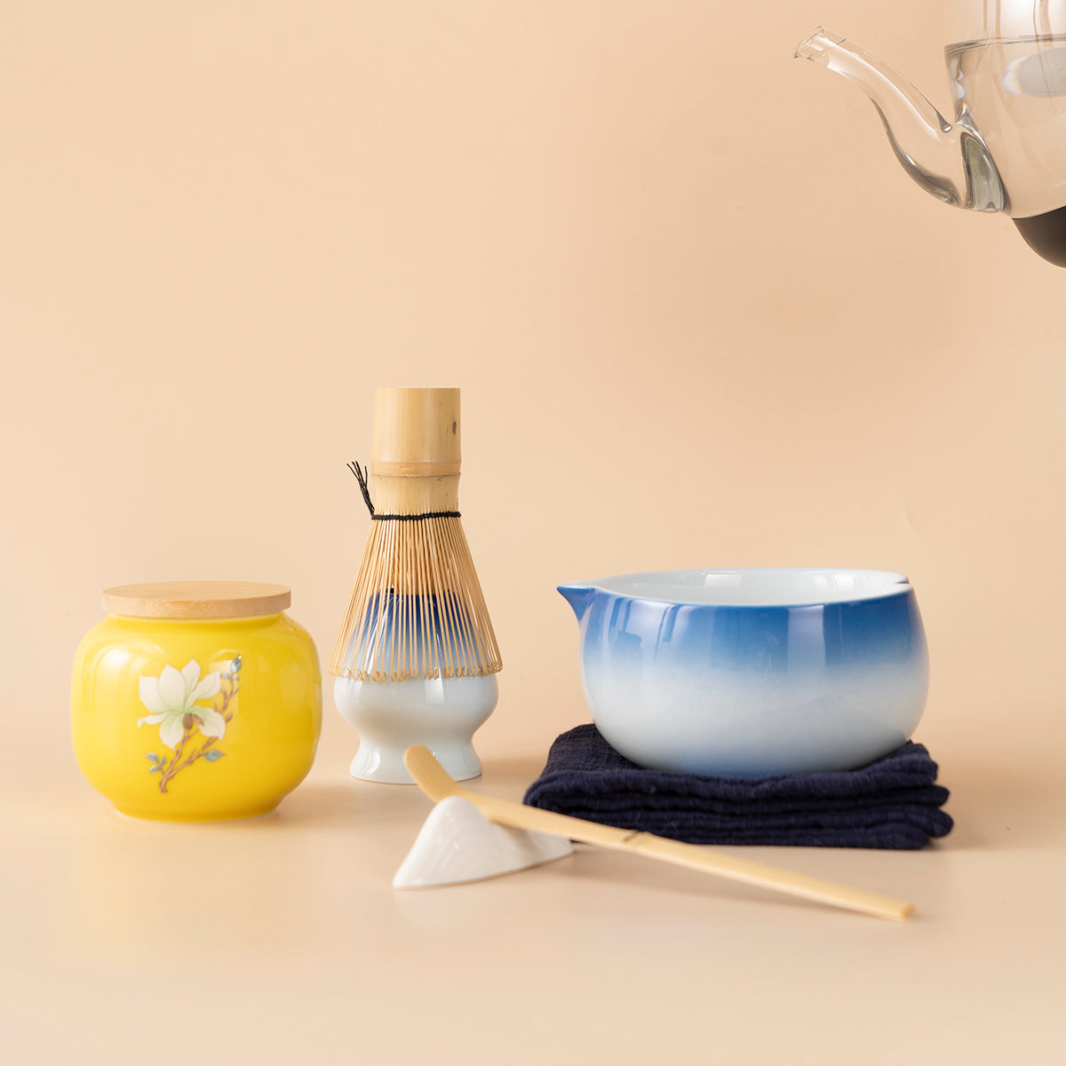 Gradient Blue Japanese Matcha Tea Set with Bamboo Whisk and Accessories