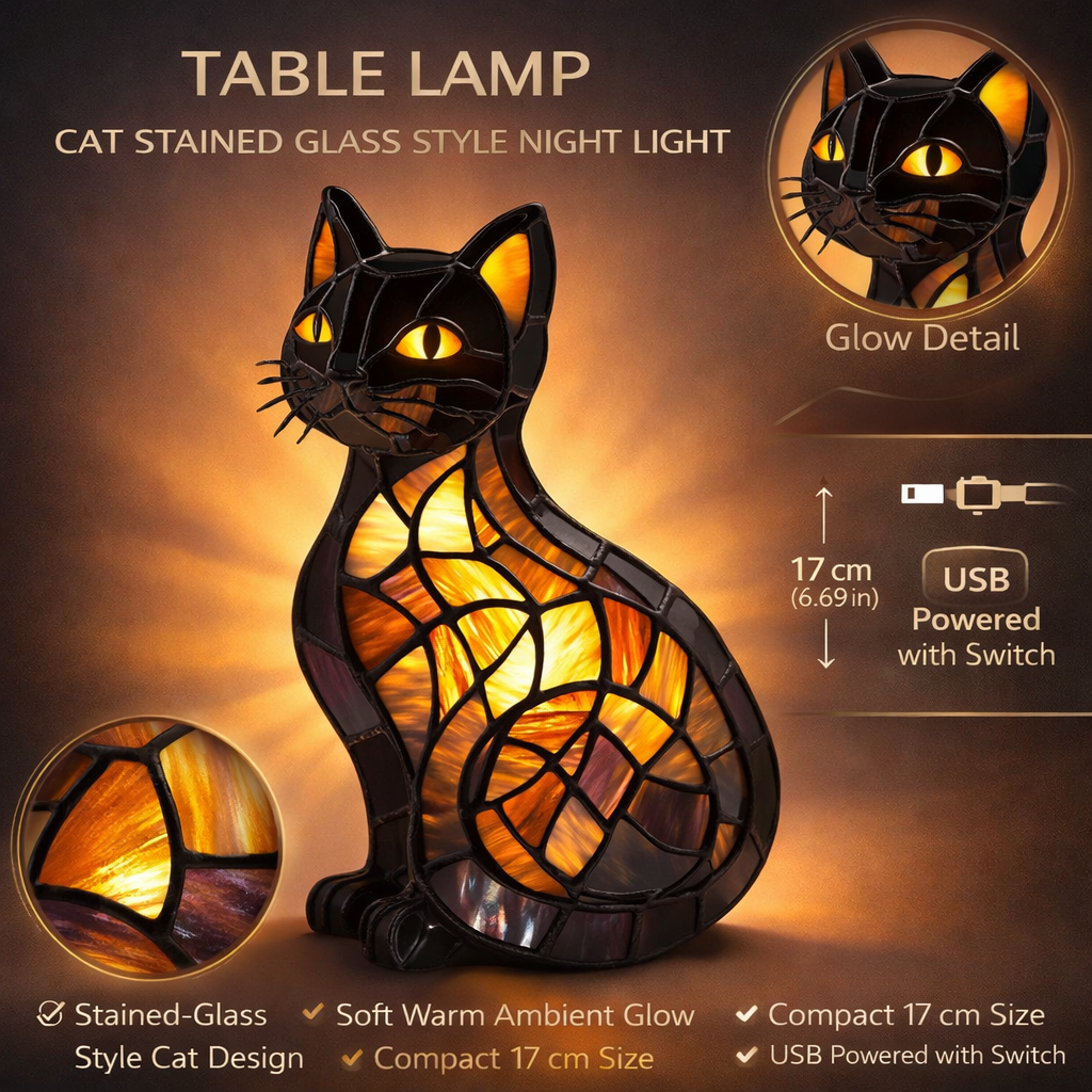 Cat Night Light Table Lamp in Stained Glass Style
