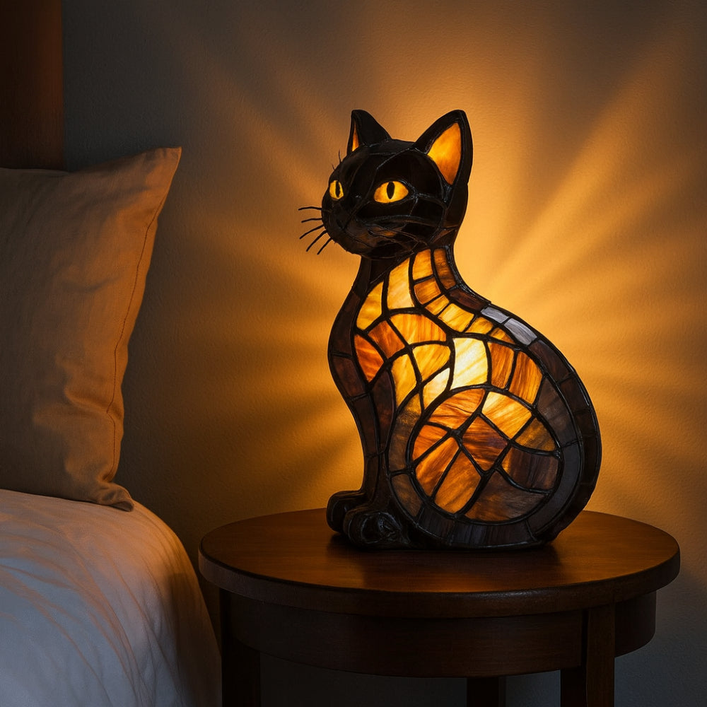 Cat Night Light Table Lamp in Stained Glass Style