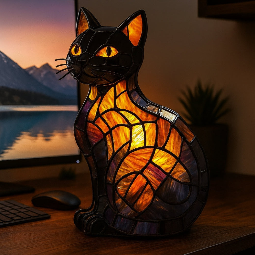 Cat Night Light Table Lamp in Stained Glass Style