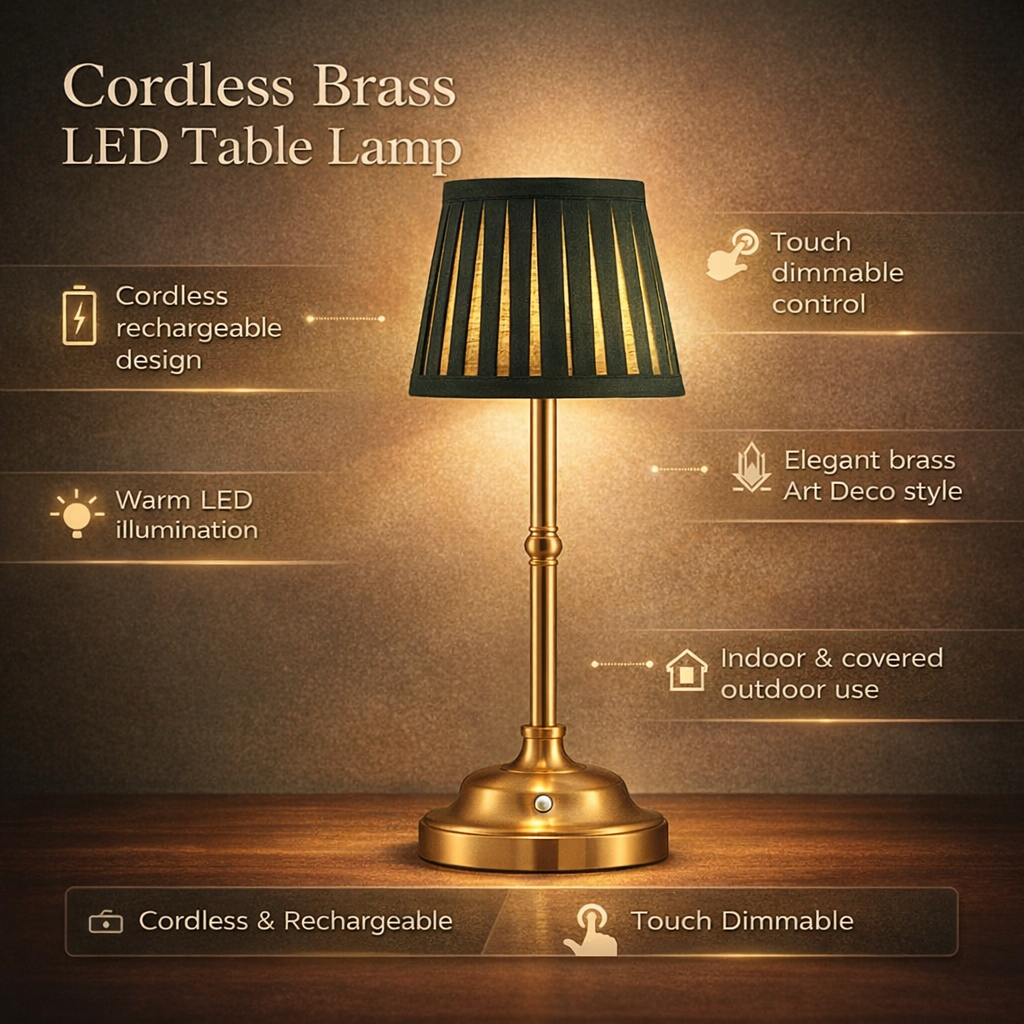 Cordless Rechargeable Brass LED Touch Table Lamp