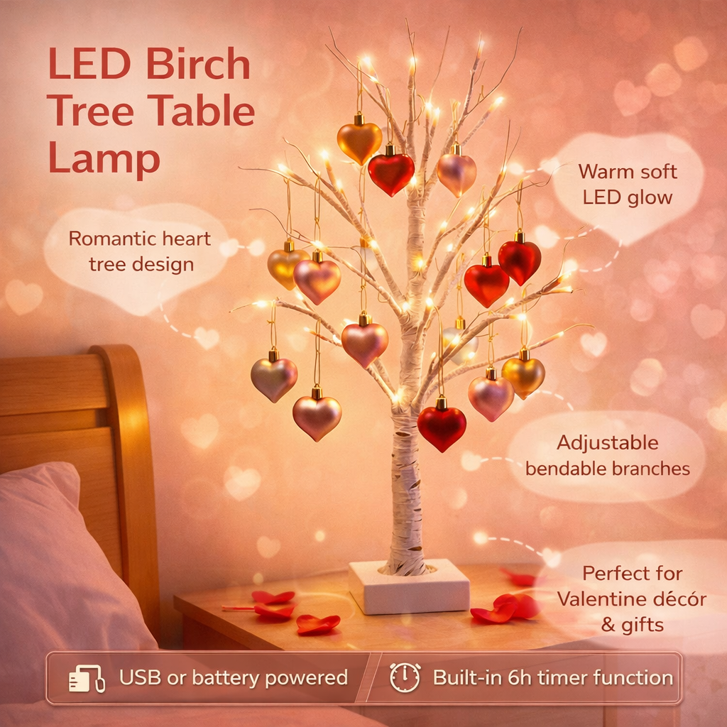 LED Birch Tree Table Lamp with Heart Ornaments