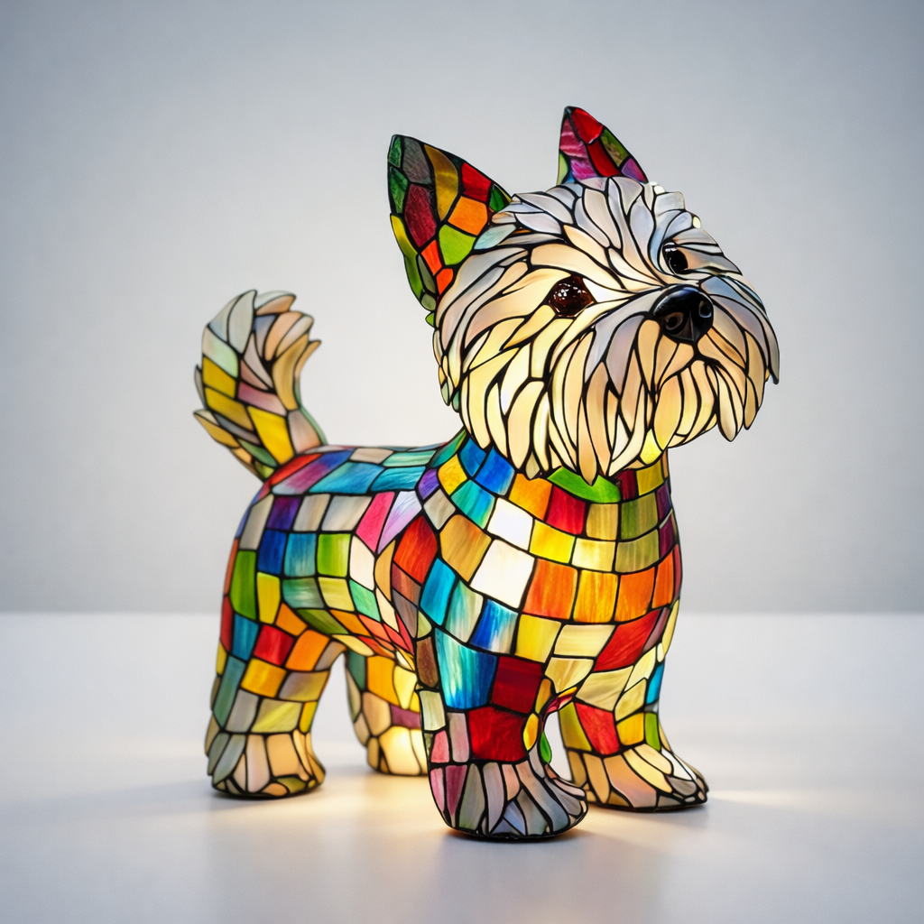 Stained Glass Dog Table Lamp with LED Night Light