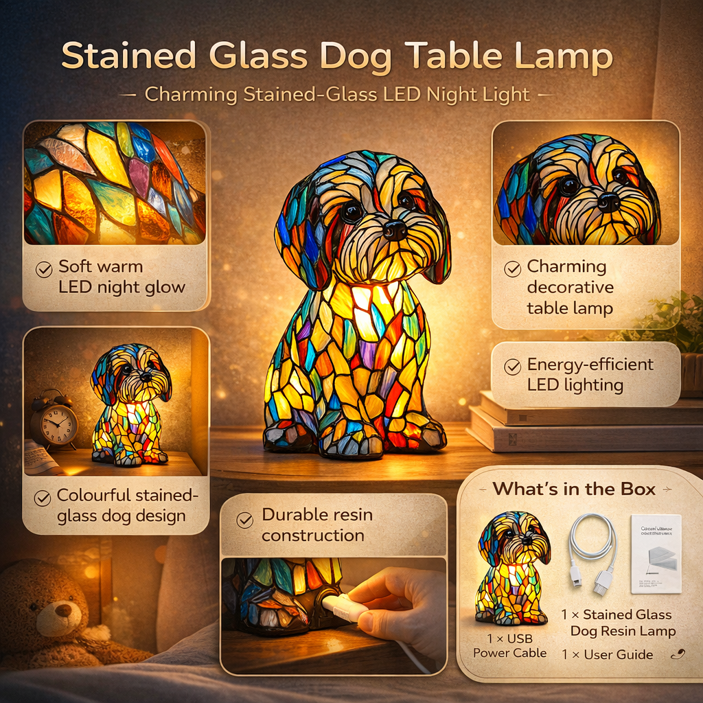 Stained Glass Dog Table Lamp with LED Night Light