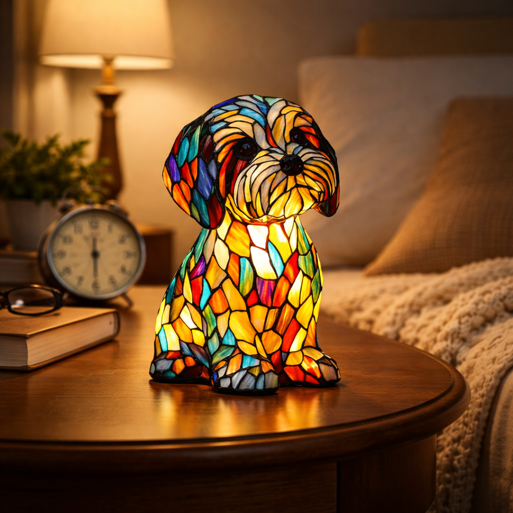 Stained Glass Dog Table Lamp with LED Night Light