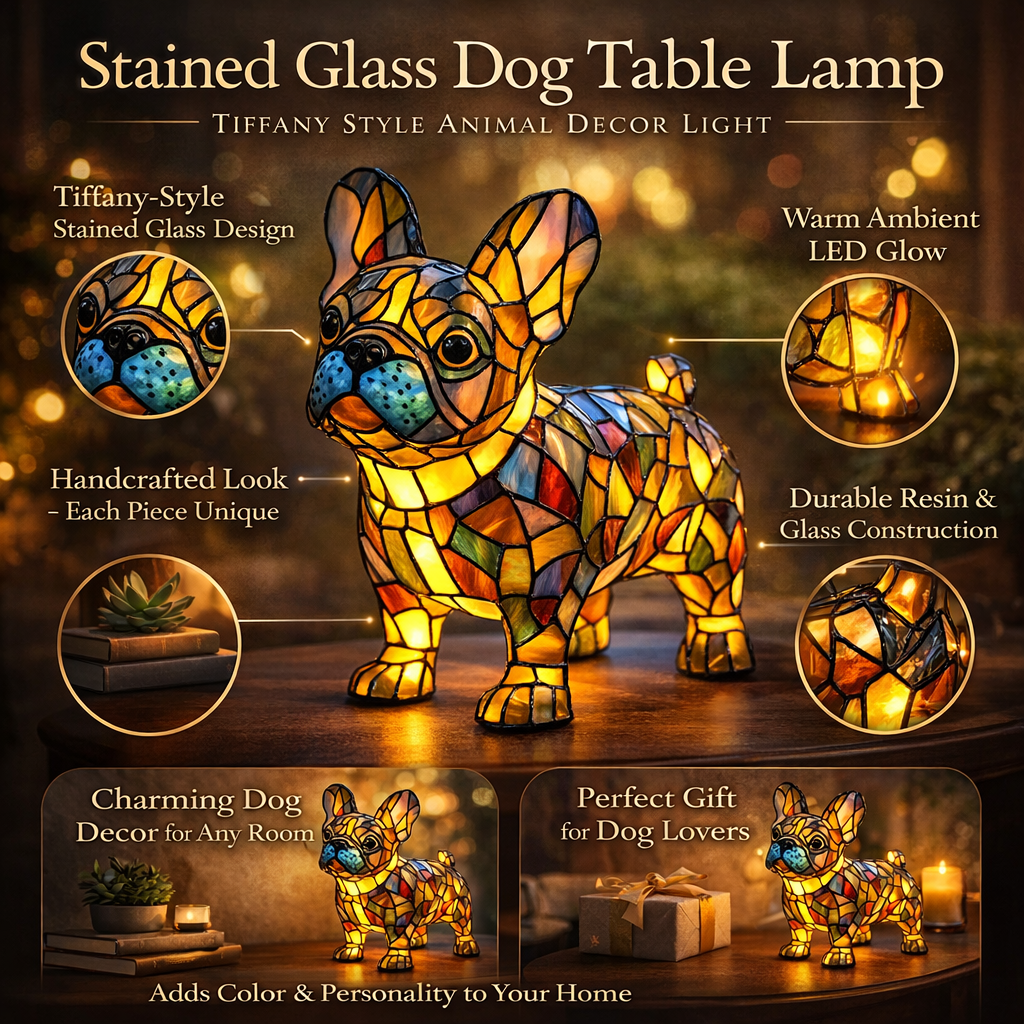 Stained Glass Dog Table Lamp Tiffany Style Pet Decor