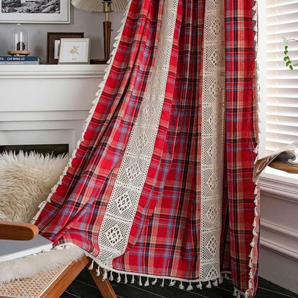 Tartan Lace Trimmed Curtain Panel