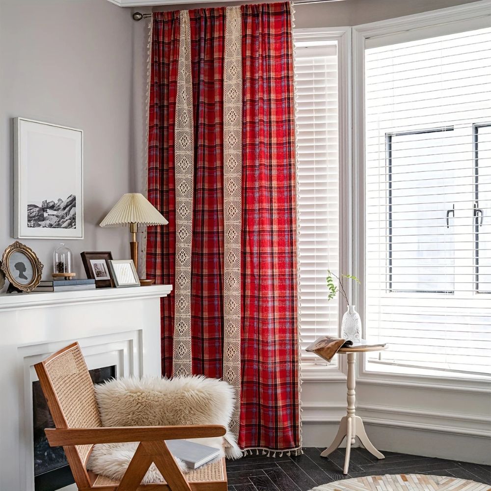 Tartan Lace Trimmed Curtain Panel