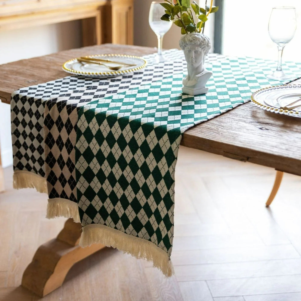 Tasseled Retro Checkered Table Runner