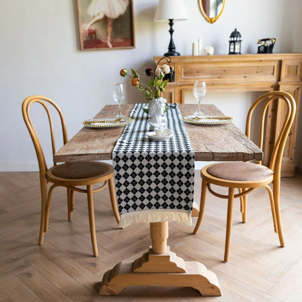 Tasseled Retro Checkered Table Runner