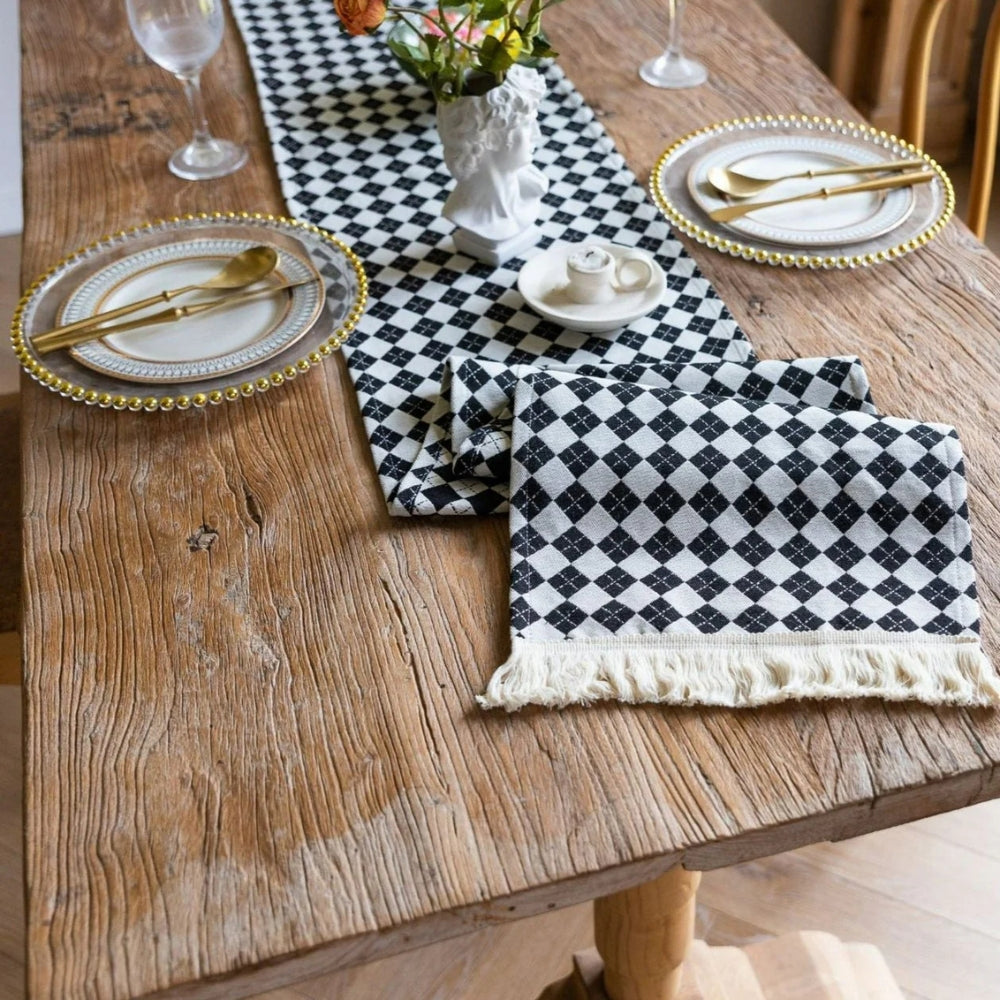 Tasseled Retro Checkered Table Runner