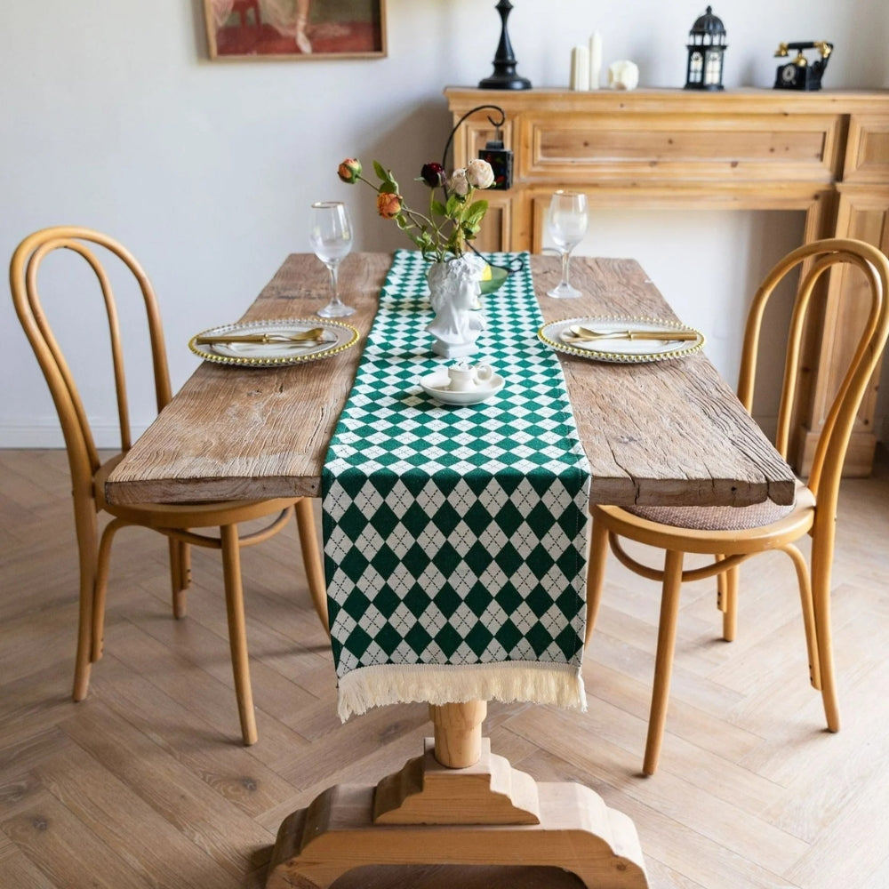 Tasseled Retro Checkered Table Runner