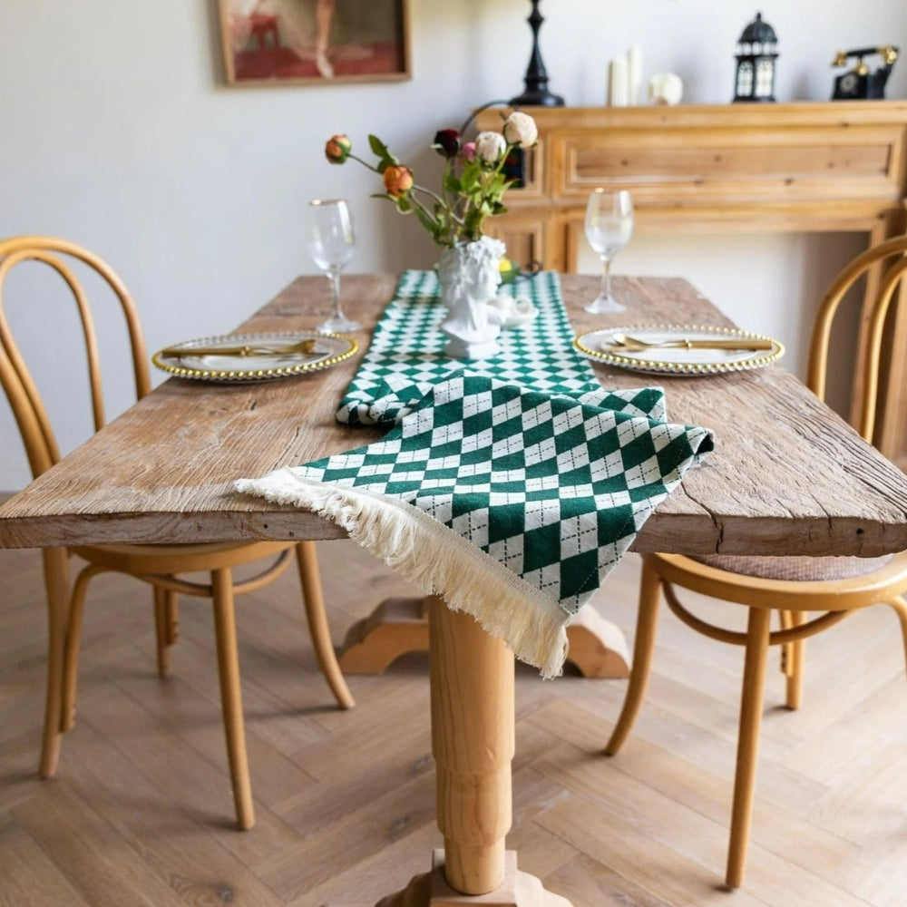Tasseled Retro Checkered Table Runner