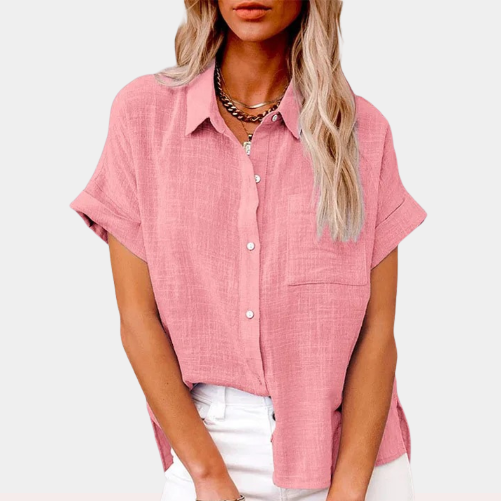 Women’s Loose Fit Cotton-Linen Blouse with Button Closure and Short Sleeves
