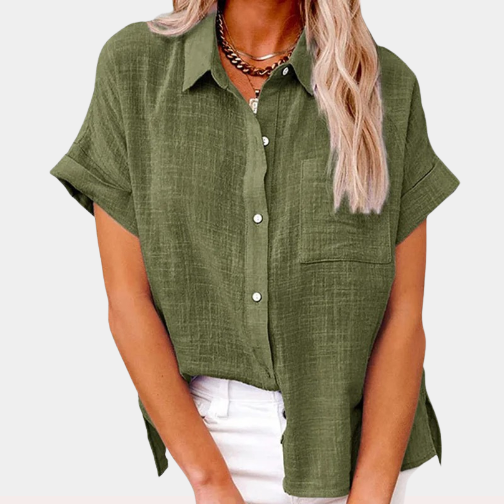 Women’s Loose Fit Cotton-Linen Blouse with Button Closure and Short Sleeves