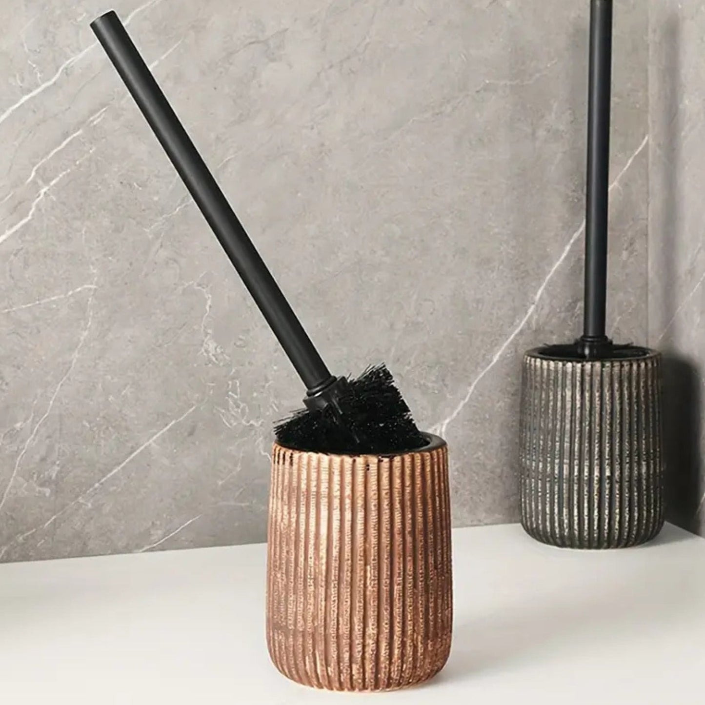 Textured Ceramic Toilet Brush Holder Set with Ribbed Design