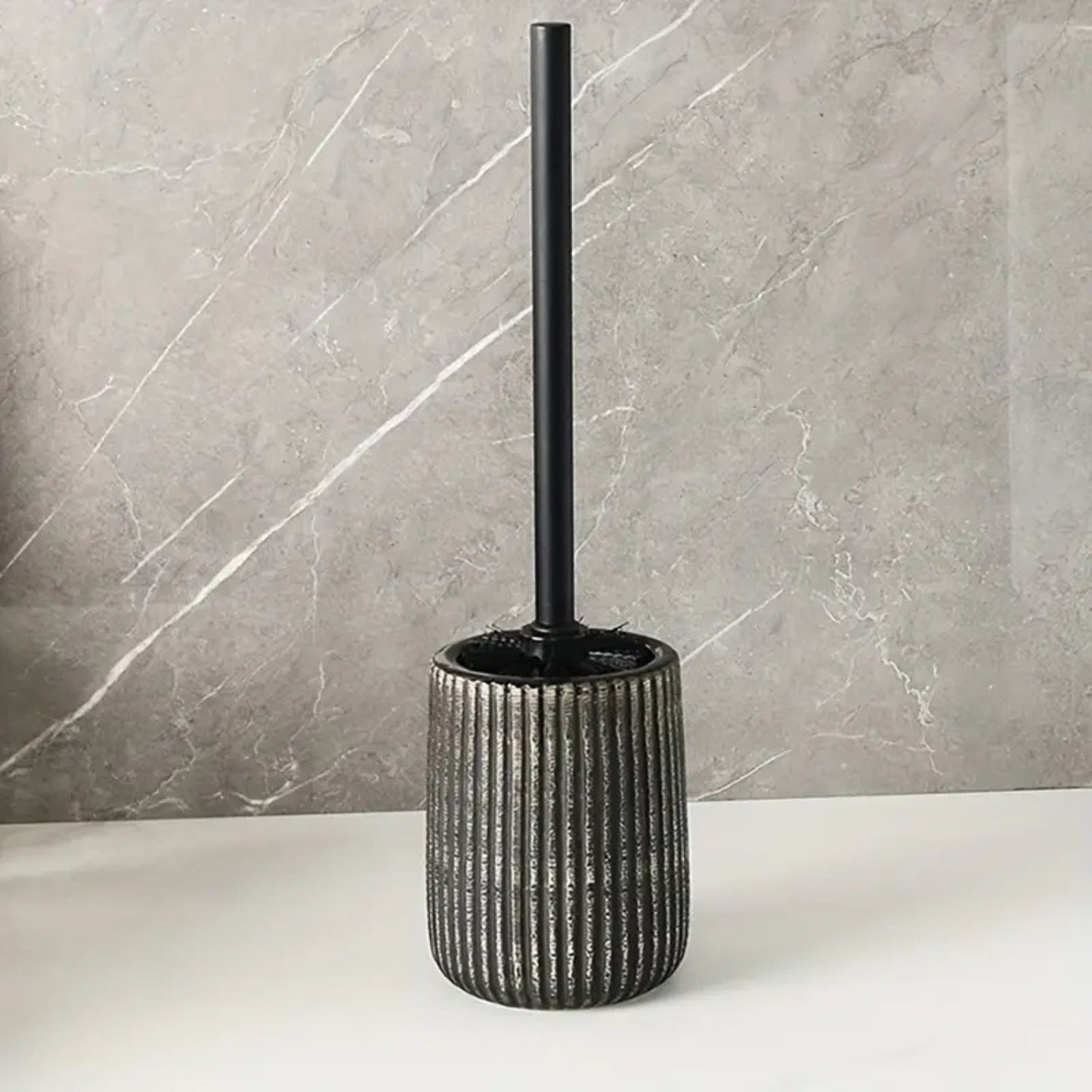Textured Ceramic Toilet Brush Holder Set with Ribbed Design