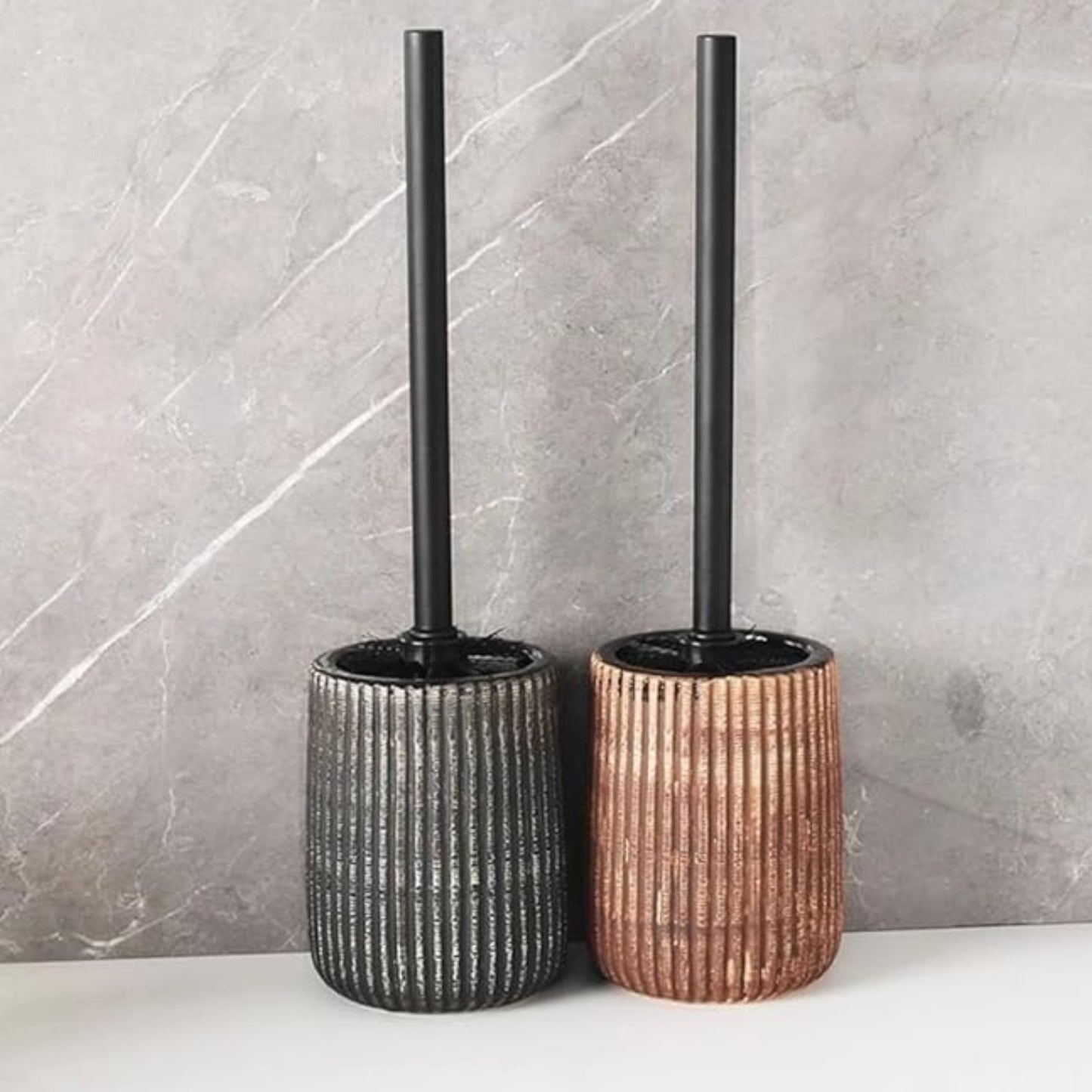 Textured Ceramic Toilet Brush Holder Set with Ribbed Design