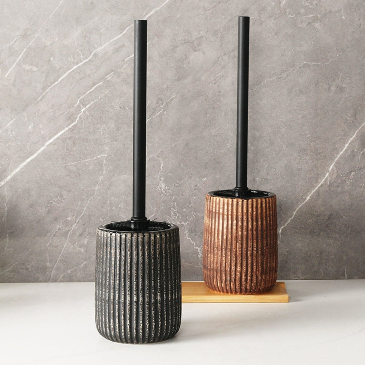 Textured Ceramic Toilet Brush Holder Set with Ribbed Design