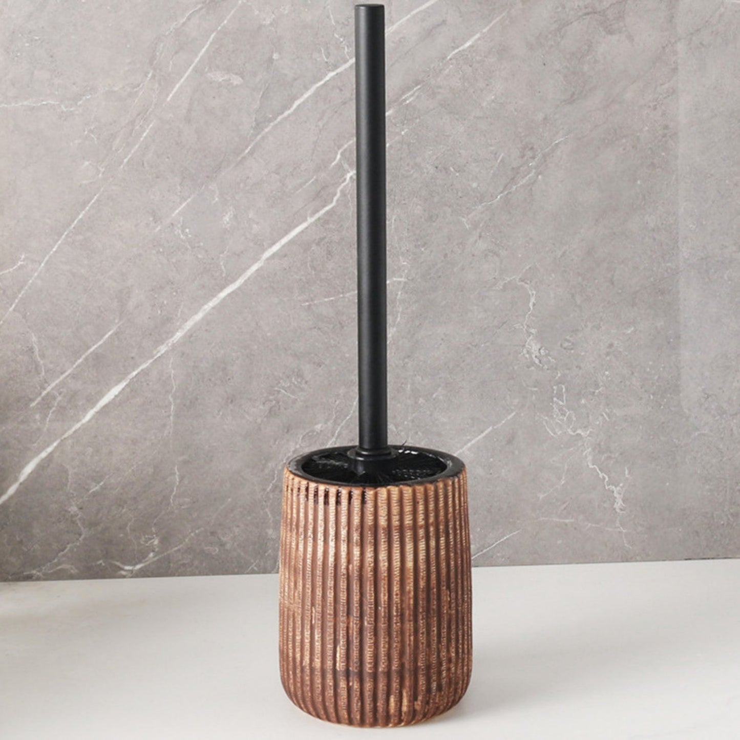 Textured Ceramic Toilet Brush Holder Set with Ribbed Design