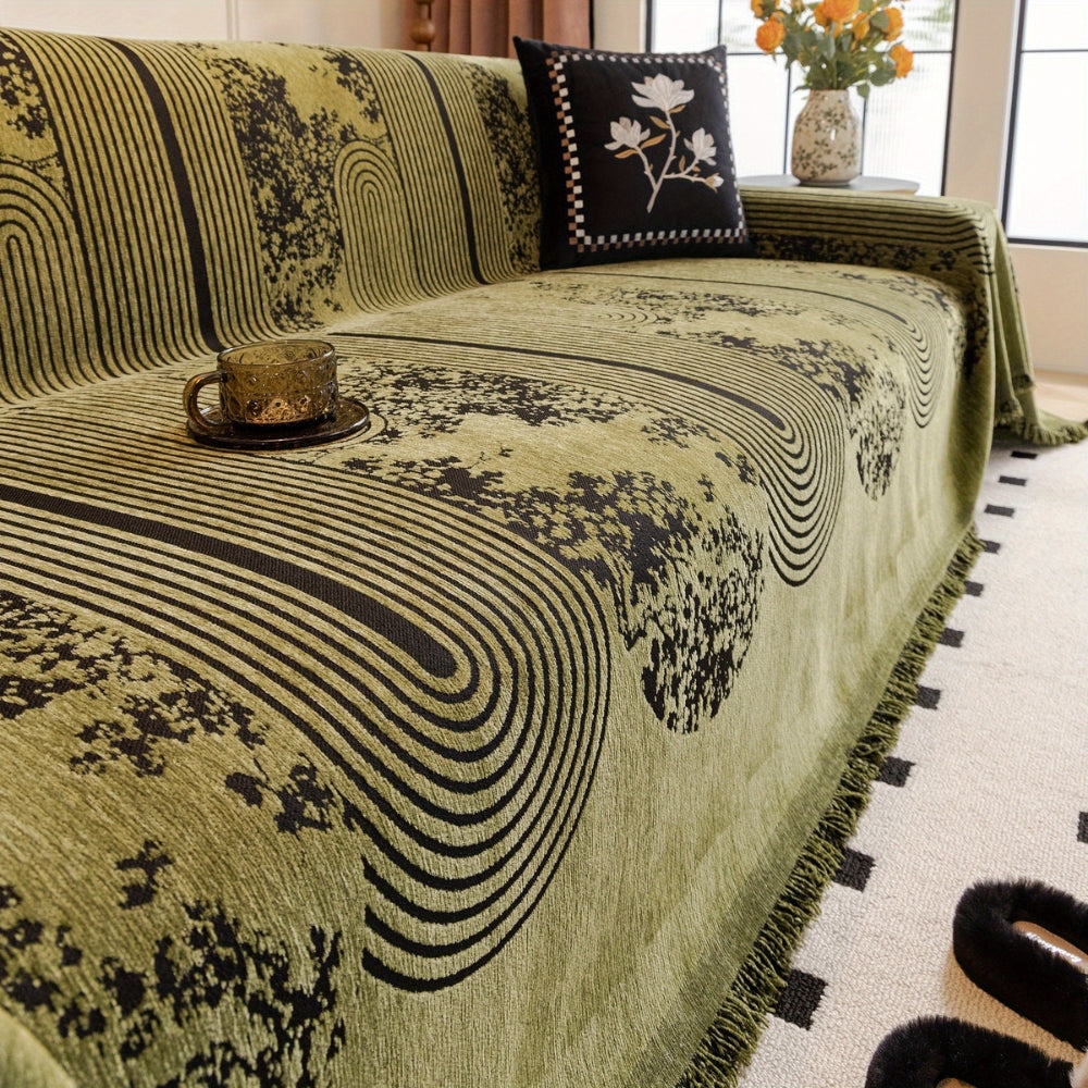 Chenille Mosaic Lines Sofa Cover with Tassels