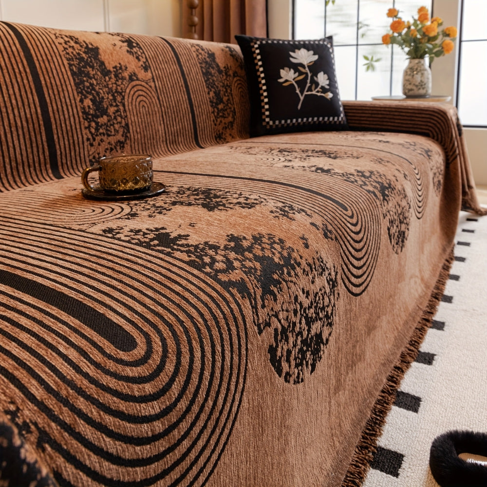 Chenille Mosaic Lines Sofa Cover with Tassels