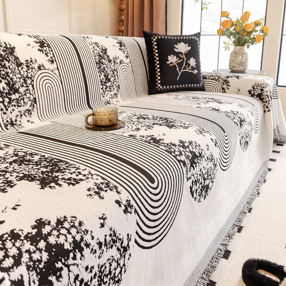 Chenille Mosaic Lines Sofa Cover with Tassels