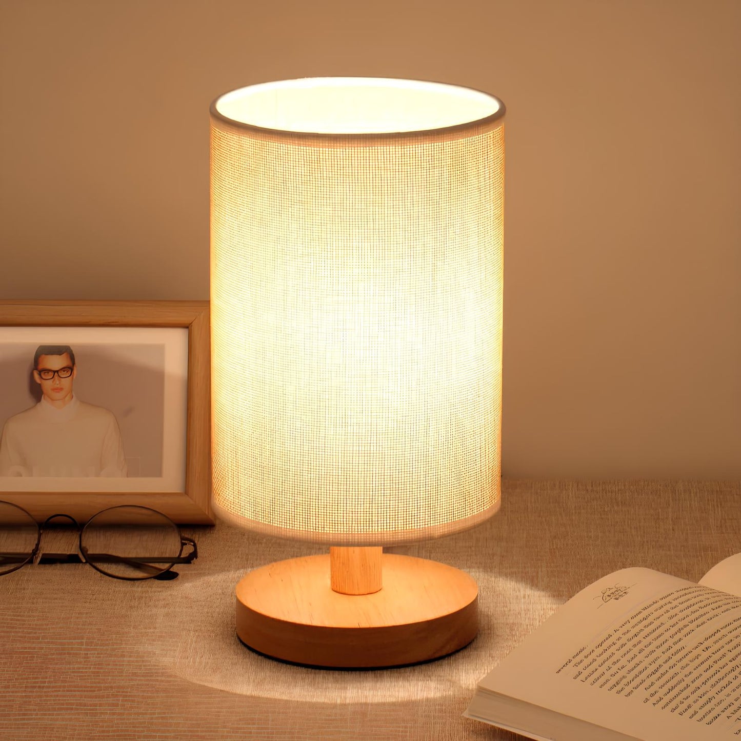 Natural Wood Dimmable Table Lamp with Fabric Shade