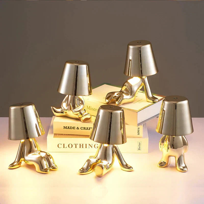 Golden Man LED Table Lamp with Adjustable Brightness – Creative USB Rechargeable Nightstand Light