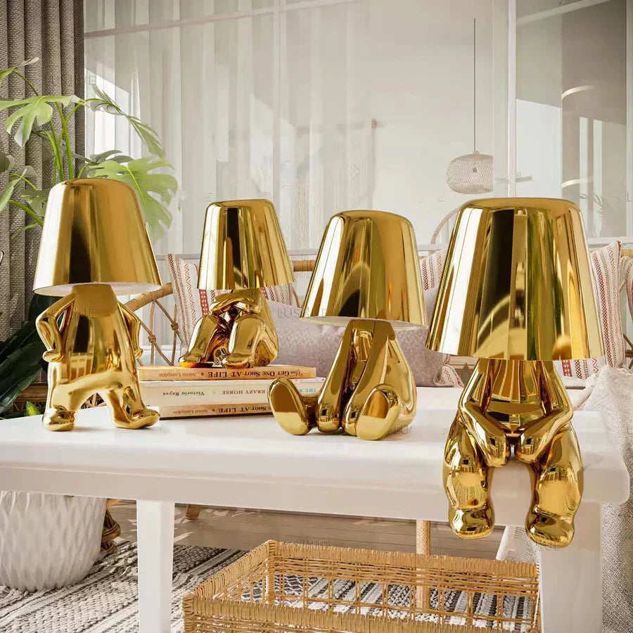 Golden Man LED Table Lamp with Adjustable Brightness – Creative USB Rechargeable Nightstand Light