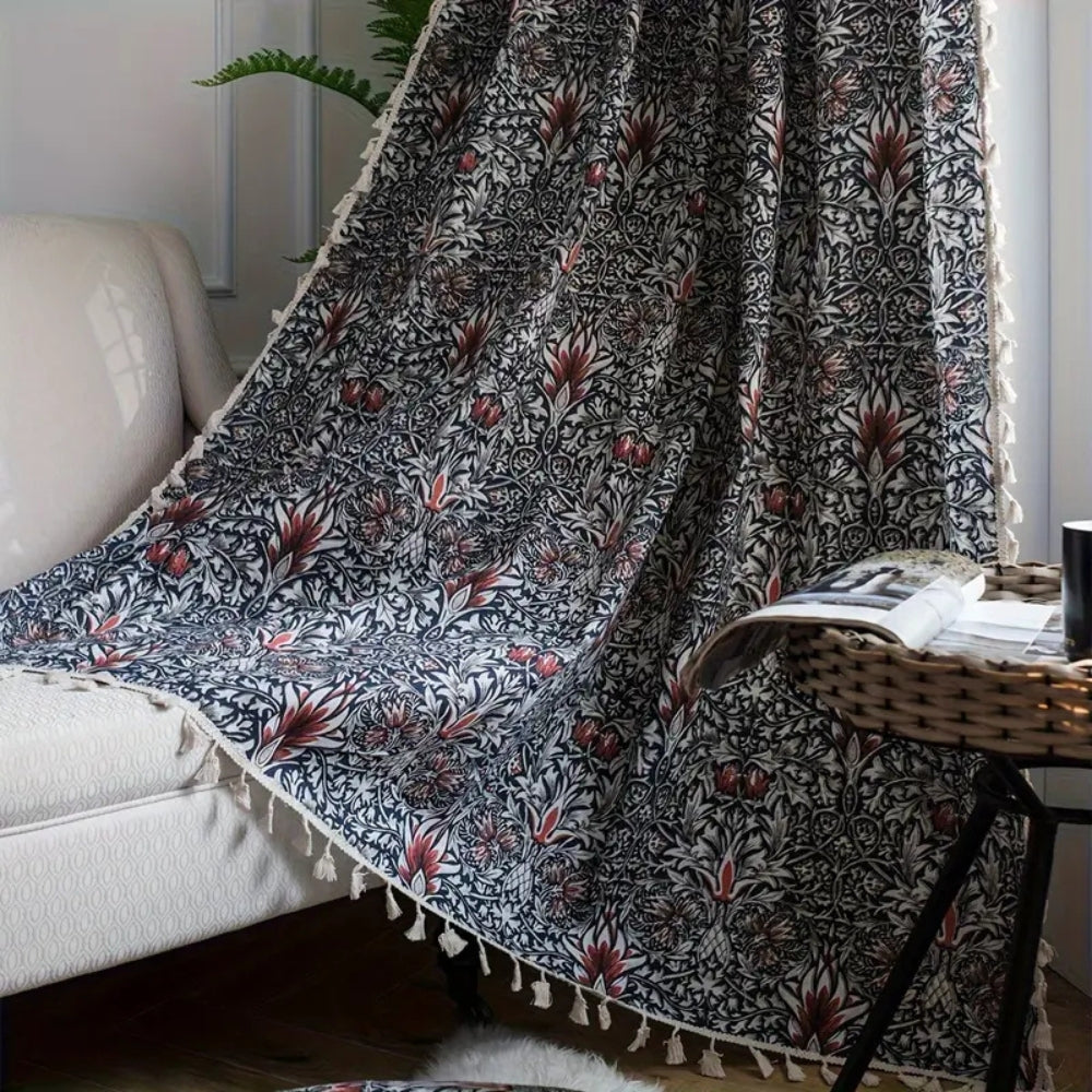 Floral Tapestry Curtain with Tassel Trim