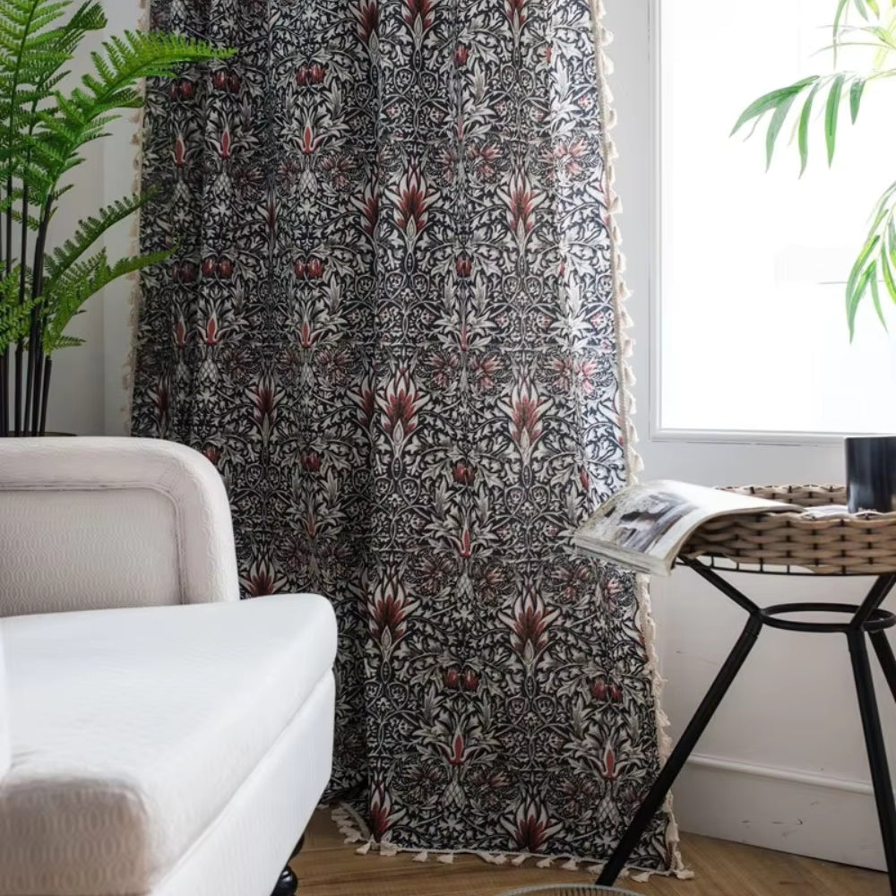 Floral Tapestry Curtain with Tassel Trim