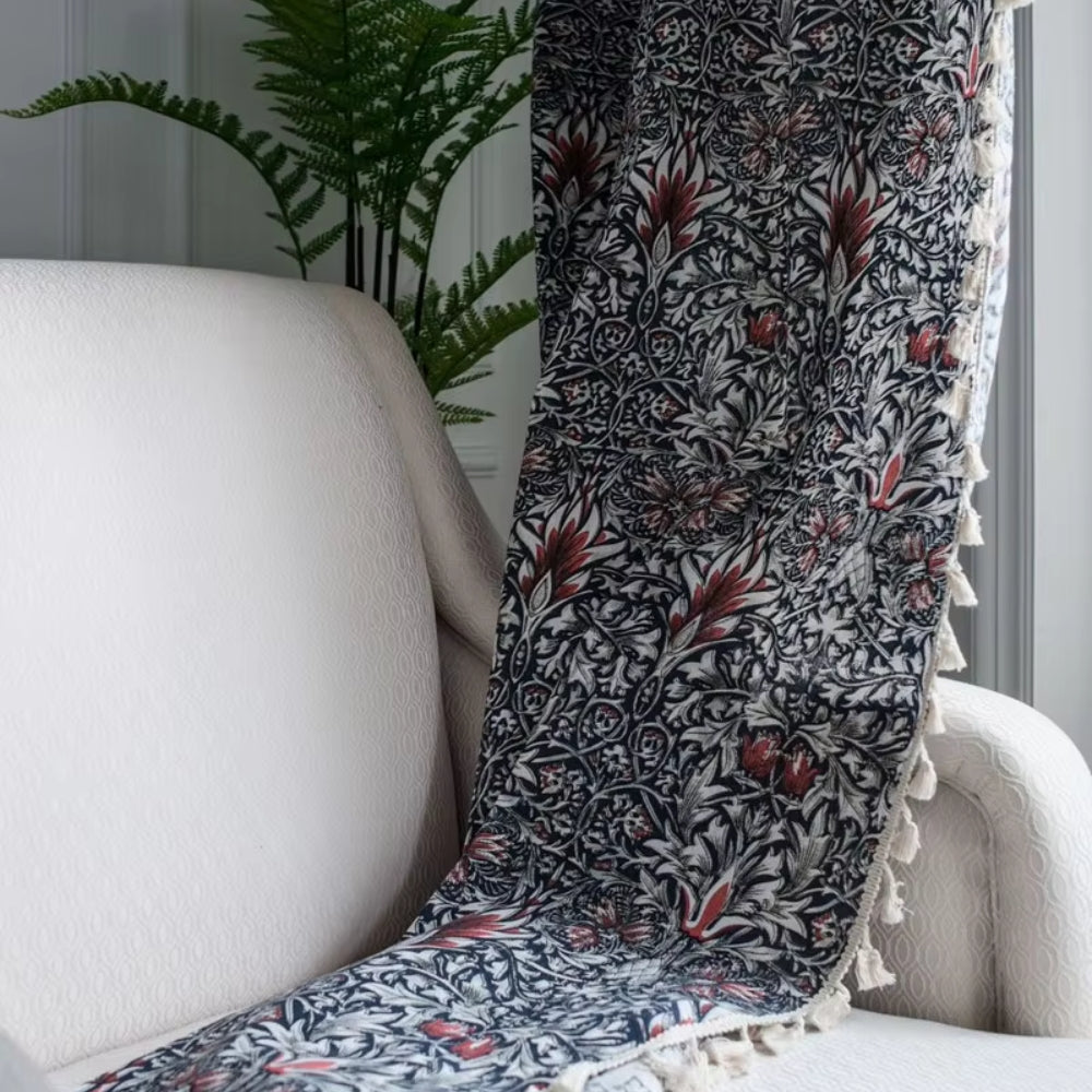 Floral Tapestry Curtain with Tassel Trim