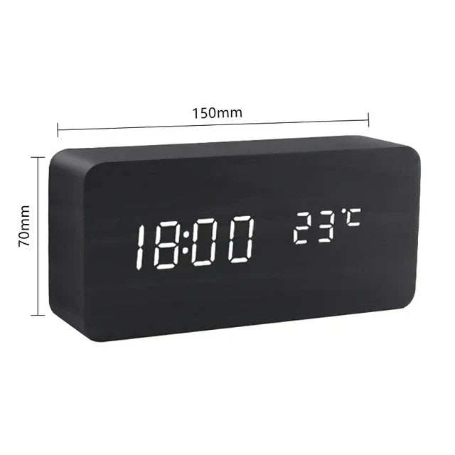 Digital LED Alarm Clock with Wood Look and Voice Control