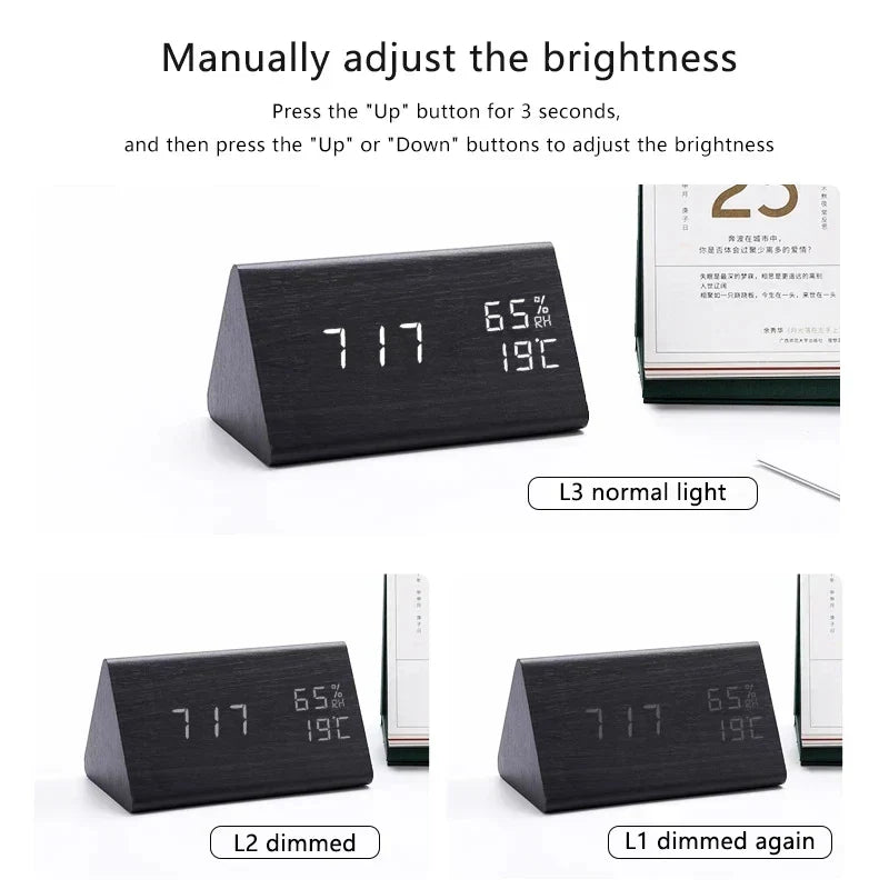 Digital LED Alarm Clock with Wood Look and Voice Control