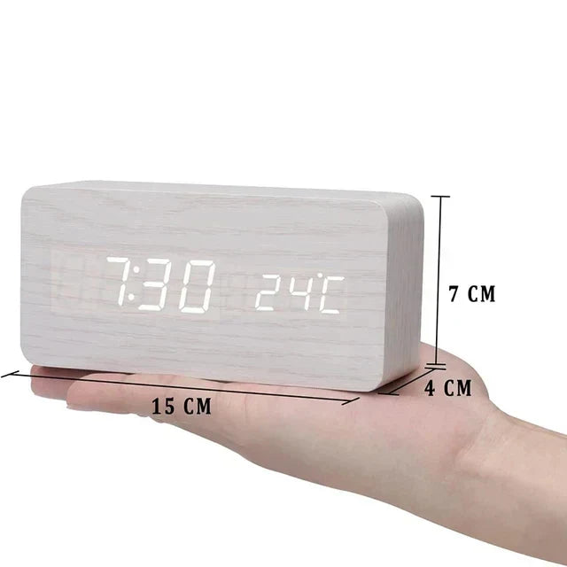 Digital LED Alarm Clock with Wood Look and Voice Control