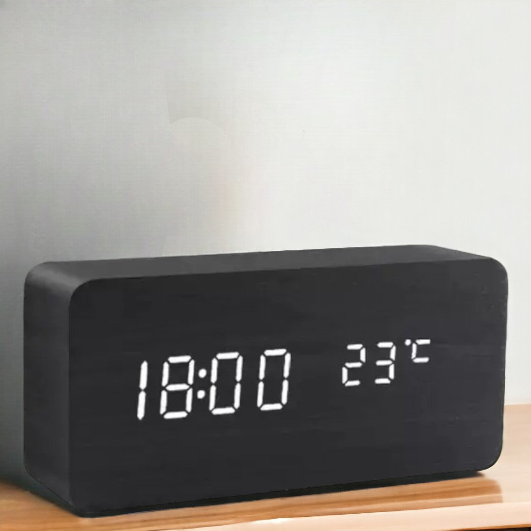 Digital LED Alarm Clock with Wood Look and Voice Control