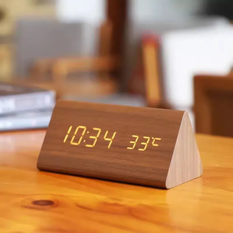 Digital LED Alarm Clock with Wood Look and Voice Control