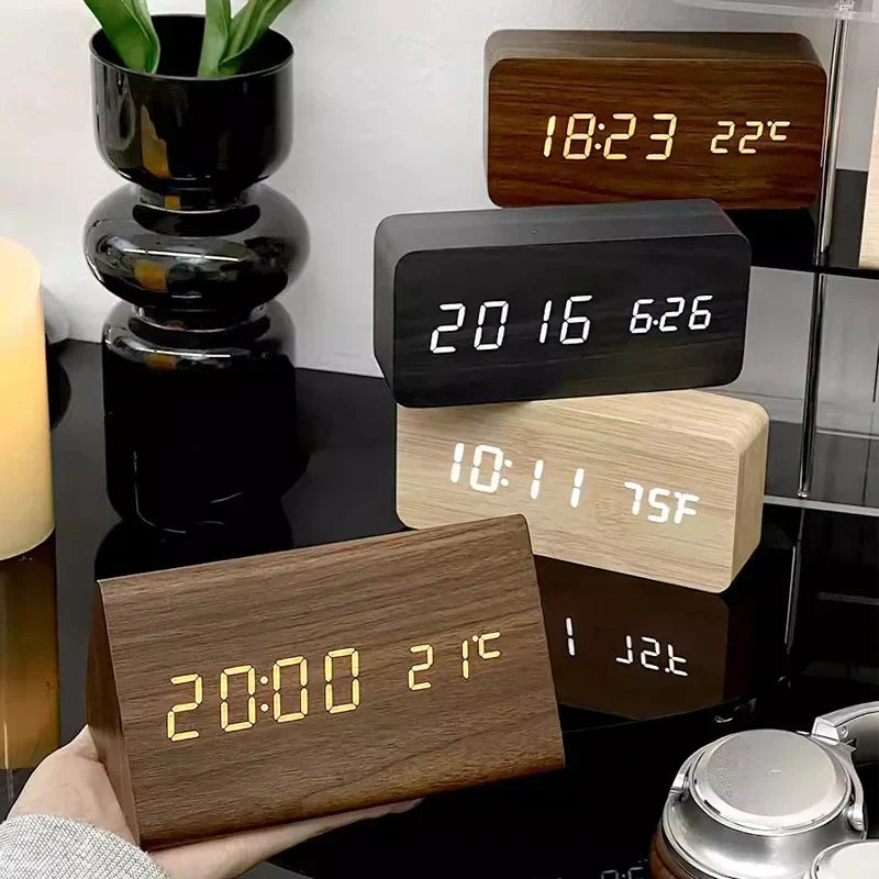 Digital LED Alarm Clock with Wood Look and Voice Control