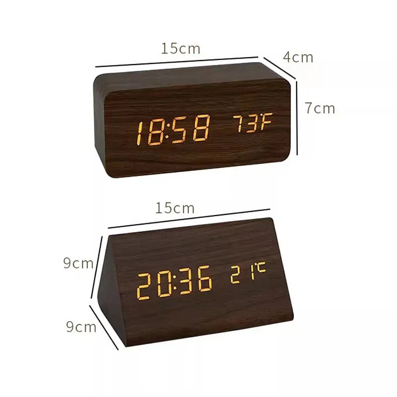 Digital LED Alarm Clock with Wood Look and Voice Control