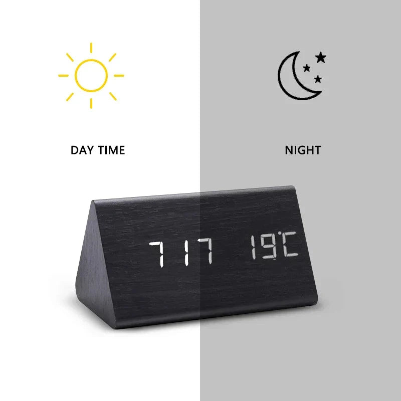 Digital LED Alarm Clock with Wood Look and Voice Control