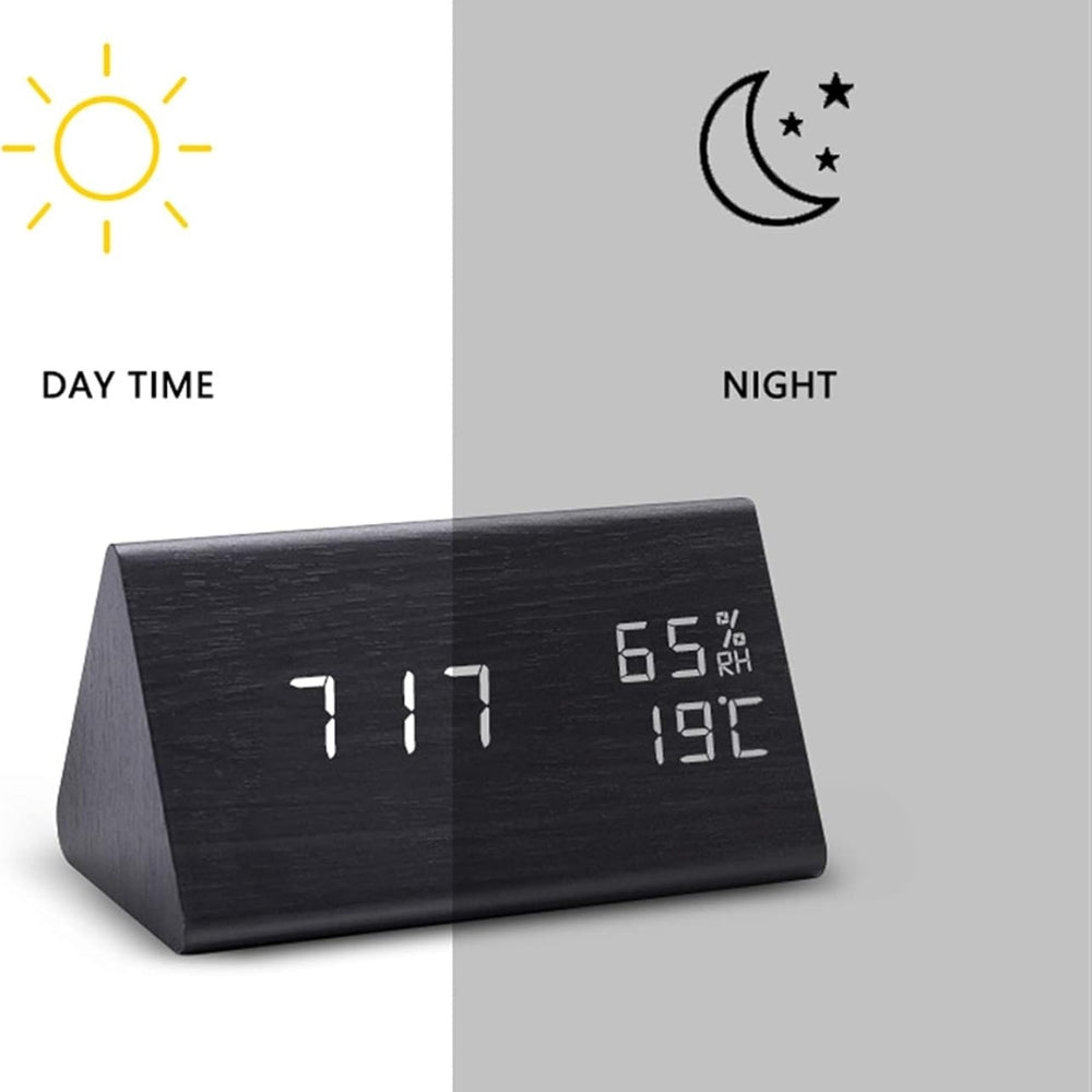 Wooden Triangle LED Alarm Clock with Temperature and Humidity Display