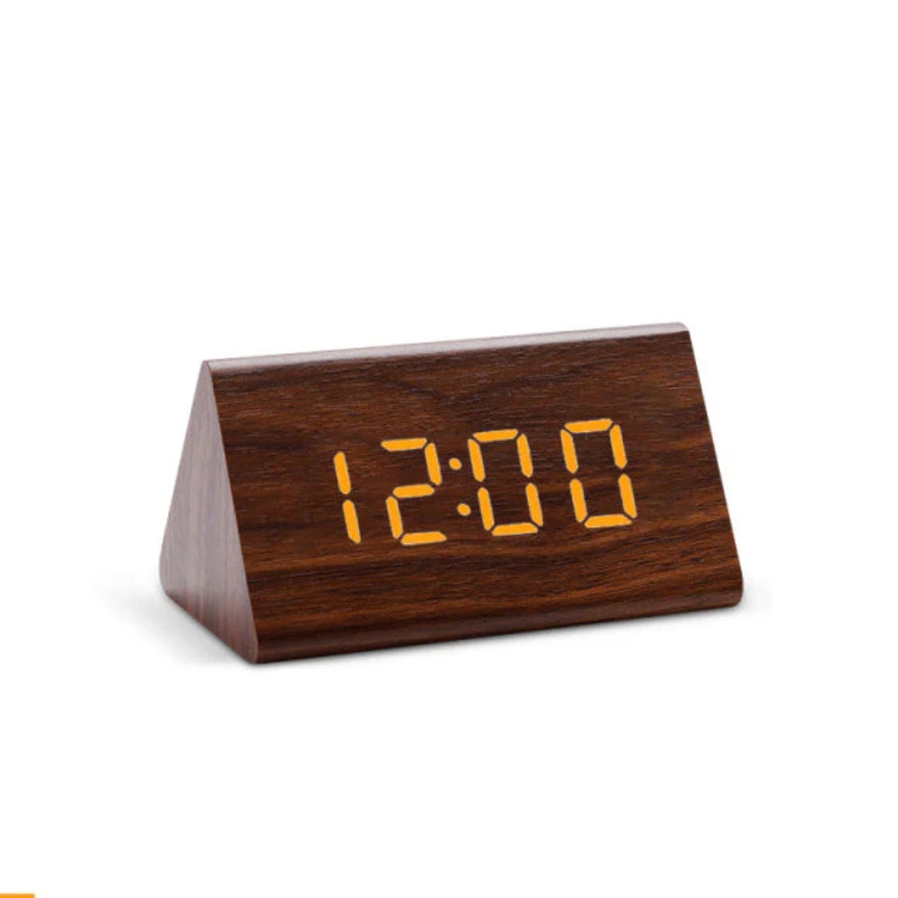 Wooden Triangle LED Alarm Clock with Temperature and Humidity Display