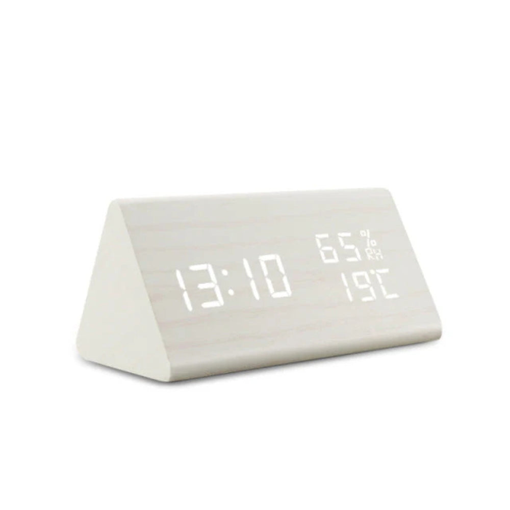 Wooden Triangle LED Alarm Clock with Temperature and Humidity Display